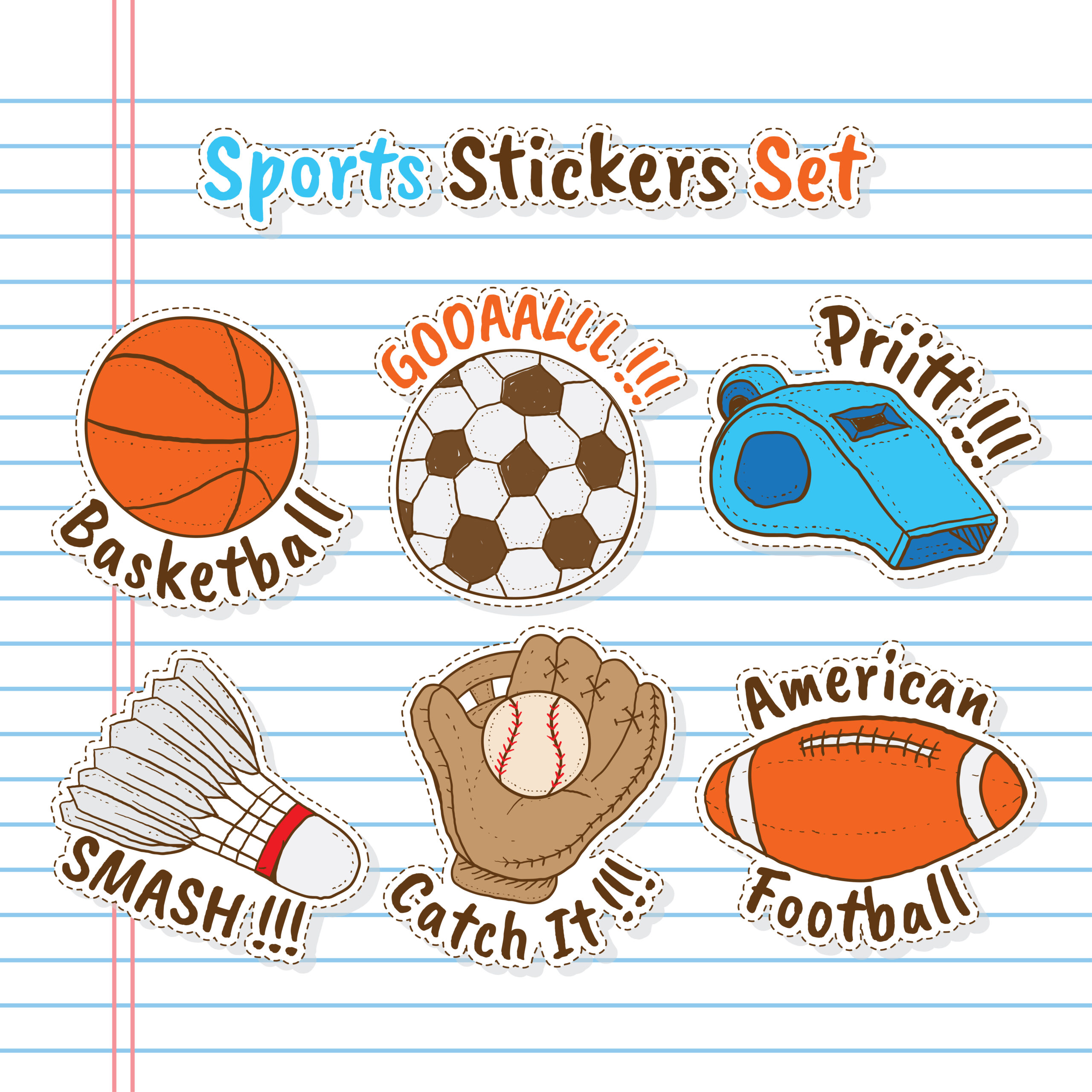 Hand drawn Sports Equipment Stickers with lined notebook paper as Background