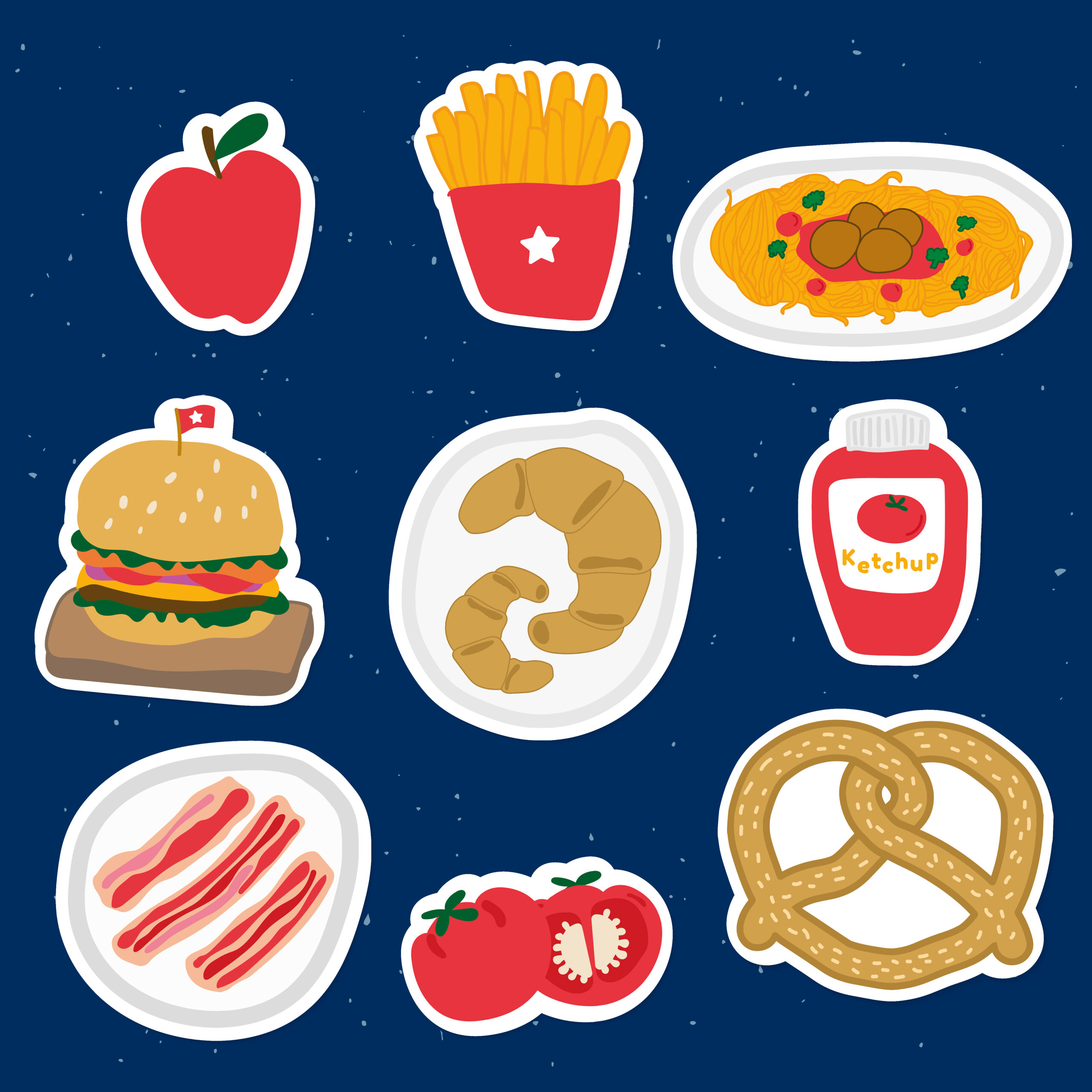 Cute food doodle sticker with a white border set vector